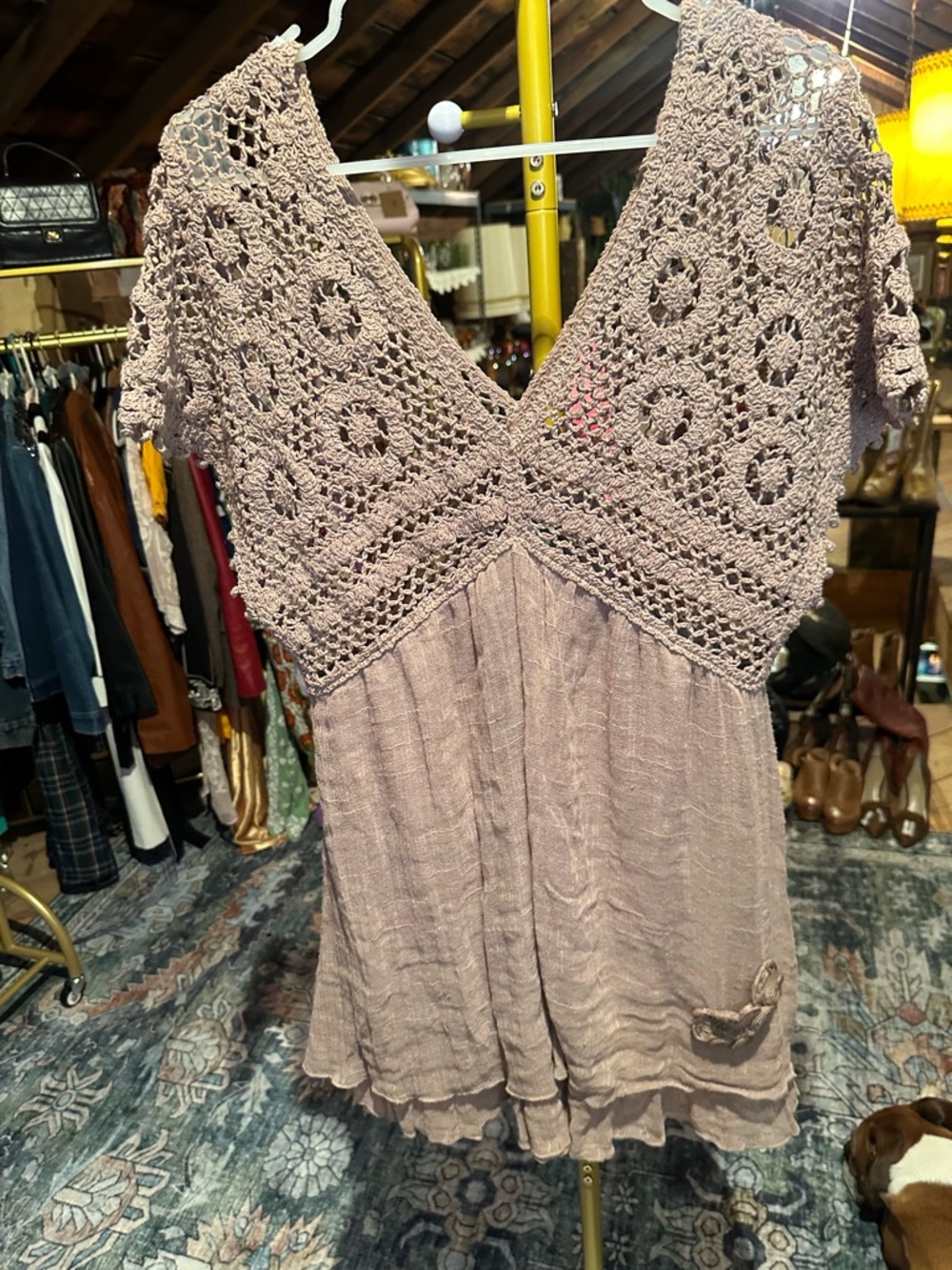 Crochet V-Neck Mini Dress in Dusty Mauve